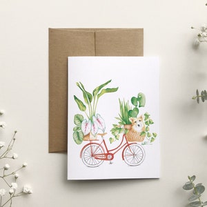 Dog plant bicycle greeting card, Corgi animal portrait greeting card, botanical art illustration, houseplant, Katrinn Pelletier
