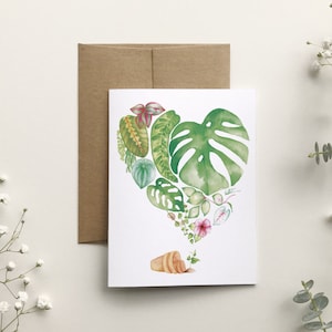 Houseplant heart greeting card, tropical plant leaves greeting card, botanical art drawing illustration, Katrinn Pelletier