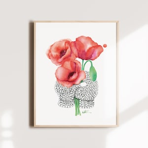 Poppy flower knitting poster, wool cardigan and flower illustration, watercolor art, floral drawing, wall decoration, Katrinn Pelletier
