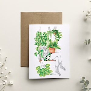 Carte de souhait femme passionnée de plantes d'intérieur, carte de voeux botanique, illustration aquarelle, anniversaire, Katrinn Pelletier