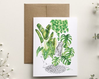 Carte de souhait chat, carte de voeux plantes jungle d'intérieur, illustration art botanique, anniversaire, Katrinn Pelletier