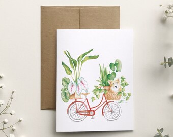 Carte de souhait Vélo plante chien, carte de voeux portrait animal Corgi, illustration art botanique, plante d'intérieur, Katrinn Pelletier