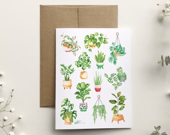 Carte de souhait 12 plantes d'intérieur, carte de voeux botanique , illustration art aquarelle, bonne fête , anniversaire, Katrinn Pelletier
