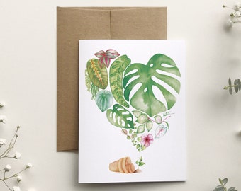 Houseplant heart greeting card, tropical plant leaves greeting card, botanical art drawing illustration, Katrinn Pelletier