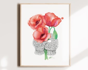 Poppy flower knitting poster, wool cardigan and flower illustration, watercolor art, floral drawing, wall decoration, Katrinn Pelletier
