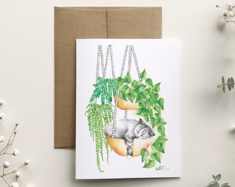 Sleeping cat greeting card, indoor plants kitten greeting card, animal illustration, botanical, birthday, Katrinn Pelletier