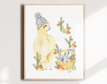 Alpaca hat and wool basket poster 8 x 10, watercolor art illustration, children's decoration, mushroom fir tree drawing, Katrinn Illustration
