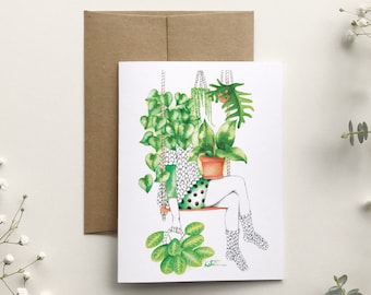 Carte de souhait femme passionnée de plantes d'intérieur, carte de voeux botanique, illustration aquarelle, anniversaire, Katrinn Pelletier