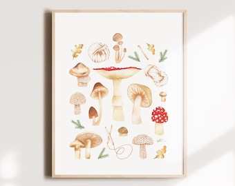 Wild mushroom poster, nature botanical watercolor illustration, knitting drawing art, mycologist, wall decoration, Katrinn Pelletier