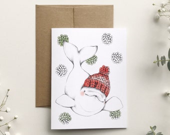 Beluga greeting card with pompoms, illustration whale knitted wool, holiday greeting card, watercolor drawing Christmas, Katrinn Pelletier