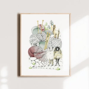 Wool mountain and animals poster, illustration sheep alpacas goat, wall art comforting drawing, nature lovers, Katrinn Pelletier