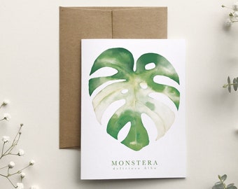 Monstera Albo leaf greeting card, houseplant greeting card, botanical drawing art, watercolor illustration, Katrinn Pelletier