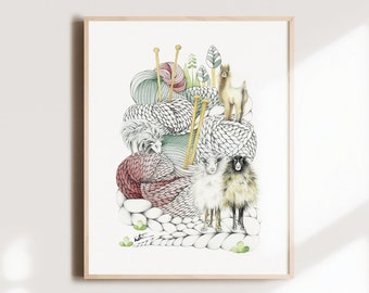 Wool and animal mountain poster, goat alpaca sheep illustration, comforting drawing wall art, nature lover, Katrinn Pelletier