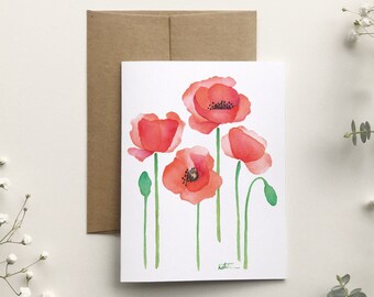 Poppies bouquet greeting card, wild flowers greeting card, watercolor art, botanical drawing, woman's birthday, Katrinn Pelletier