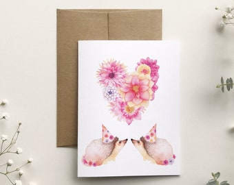 Hedgehogs in love Valentine's Day greeting card, dahlia heart, flower love greeting card, watercolor art, I love you, Katrinn Pelletier