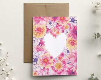 Valentine's Day flowers greeting card, dahlia heart, love floral greeting card, watercolor art, drawing pattern, woman, Katrinn Pelletier