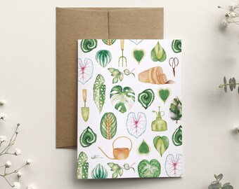 Tropical leaves greeting card, houseplant gardening greeting card, watercolor illustration, botanical art, Katrinn Pelletier