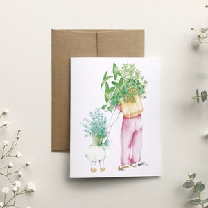 Carte maman aime les plantes d'intérieur, carte de voeux mère enfant, illustration aquarelle botanique, plante tropicale, Katrinn Pelletier