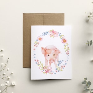 Carte de souhait petit cochon, carte de voeux ferme,  sans texte, portrait animaux art aquarelle, anniversaire enfant, Katrinn Pelletier