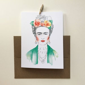 Carte de voeux artiste Frida Kahlo, portrait aquarelle floral, carte de souhait bonne fête, carte sans texte, créé par Katrinn Pelletier