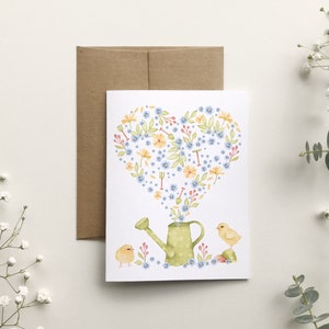 Carte de souhait poussins jardinage, carte de voeux coeur amour, sans texte, animaux aquarelle, anniversaire enfant, Katrinn Pelletier