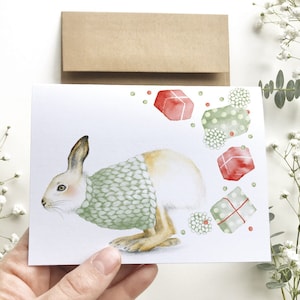 Carte de souhait lièvre de Noël, illustration portrait lapin, cadeaux de Noël, carte de voeux des fêtes, joyeux noël Katrinn Pelletier