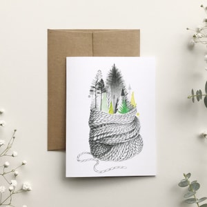 Carte de souhait arbres, illustration forêt tricot laine, carte de voeux des fêtes, dessin sapin, réconfortante, crochet, Katrinn Pelletier