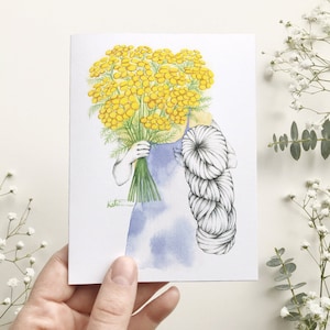 Carte de souhait femme au bouquet fleur et laine, carte de voeux florale tanaisie, art aquarelle, tricot, anniversaire, Katrinn Pelletier
