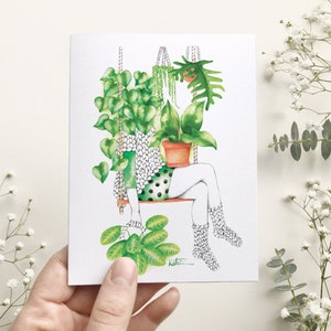 Carte de souhait femme passionnée de plantes d'intérieur, carte de voeux botanique, illustration aquarelle, anniversaire, Katrinn Pelletier Bild 2