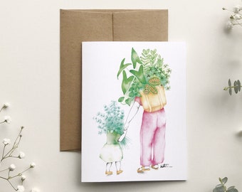 Carte maman aime les plantes d'intérieur, carte de voeux mère enfant, illustration aquarelle botanique, plante tropicale, Katrinn Pelletier