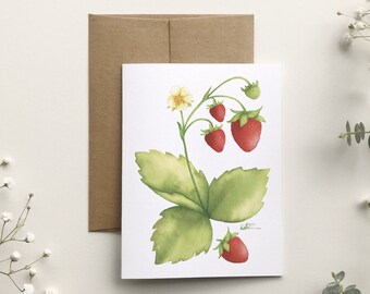 Carte de souhait fraises sauvages , carte de voeux fraises rouge , illustration petits fruits baies, dessin art botanique, Katrinn Pelletier