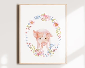Affiche cochon rose floral, illustration portrait animal fleurs, art aquarelle, décoration murale enfant, chambre bébé, Katrinn Illustration