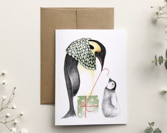 Gift Penguin Christmas Greeting Card, Wool Knitted Birds Illustration, Holiday Greeting Card, Watercolor, Crochet, Katrinn Pelletier