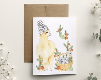 Alpaca Christmas card and its wool basket, animal portrait illustration, greeting card, stationery, made in Quebec, Katrinn Pelletier