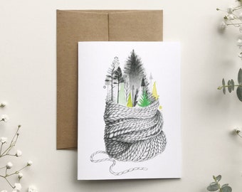 Carte de souhait arbres, illustration forêt tricot laine, carte de voeux des fêtes, dessin sapin, réconfortante, crochet, Katrinn Pelletier