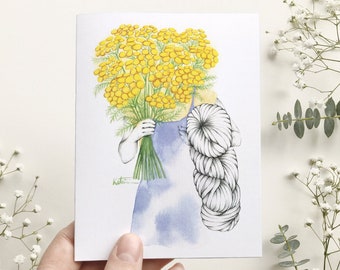 Wishing card woman with flower and wool bouquet, tansy floral greeting card, watercolor art, knitting, birthday, Katrinn Pelletier