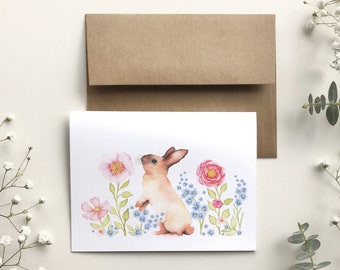 Standing floral rabbit greeting card, flower garden greeting card, watercolor art animal portrait, baby birthday, Katrinn Pelletier