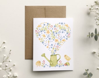 Gardening chicks greeting card, love heart greeting card, without text, watercolor animals, child's birthday, Katrinn Pelletier