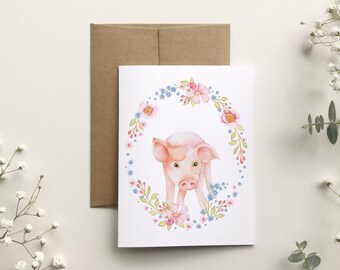Little pig greeting card, farm greeting card, without text, watercolor art animal portrait, children's birthday, Katrinn Pelletier