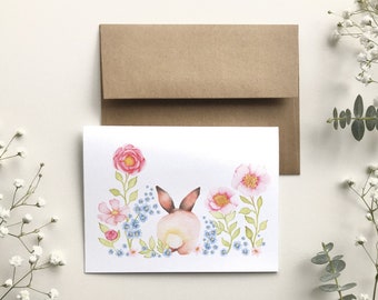Carte de souhait lapin de dos, carte de voeux jardin de fleurs, sans texte, portrait animaux aquarelle, anniversaire, Katrinn Pelletier