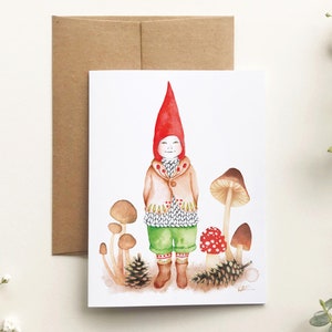 Carte de souhait lutin enchanteur, carte de voeux gnome champignons , art aquarelle pastel , dessin, anniversaire, noël, Katrinn Pelletier