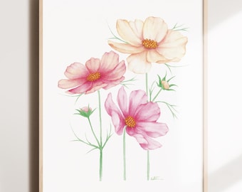 Affiche fleurs de cosmos, Illustration bouquet pastel, art floral poétique, art poétique, décoration murale printanière, Katrinn Pelletier