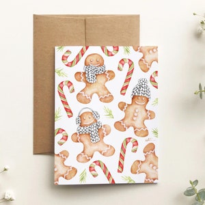 Carte de souhait bonhomme pains d'épices, carte de voeux biscuit de noël et tricot, canne de bonbon des fêtes, aquarelle, Katrinn Pelletier