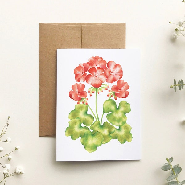 Geranium flower wish card, floral greeting card, watercolor art, pastel, all occasion card, stationery, Katrinn Pelletier