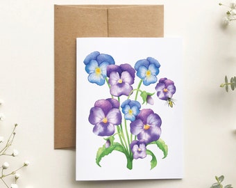 Pansies flower wish card, floral greeting card, watercolor art, dry pastel, all-occasion card, stationery, Katrinn Pelletier
