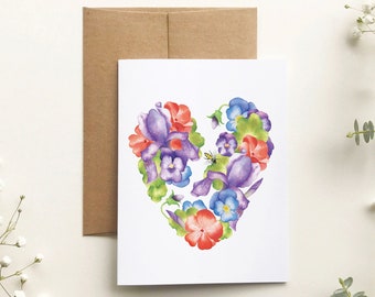 Heart of flowers wish card, greeting card, floral love, watercolor art, without message, all occasion card, Katrinn Pelletier