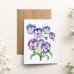 Carte de souhait fleur de Pensées, carte de voeux florale, art aquarelle, pastel sec, carte toutes occasions, papeterie, Katrinn Pelletier