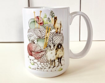 Wool mountain coffee mug, animal illustration mug, sublimation printing, made in Quebec, Katrinn Pelletier