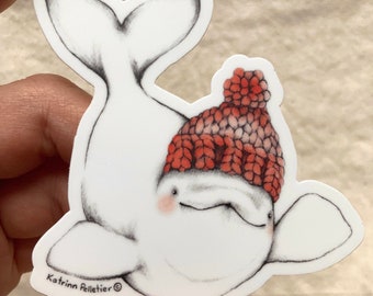Autocollant vinyle béluga et sa tuque rouge , sticker illustration baleine ,amoureux des animaux , aquarelle pastel, Katrinn Pelletier