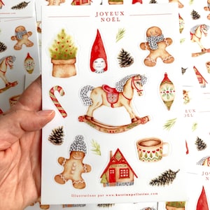 Feuille autocollants vinyle Joyeux Noël, stickers art illustrés d'éléments de Noël, papeterie, cadeaux bas de Noël, Katrinn Pelletier
